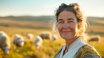 Wall Mural - A woman with a radiant smile standing amidst a flock of sheep in a sunlit field with a backdrop of mountains.