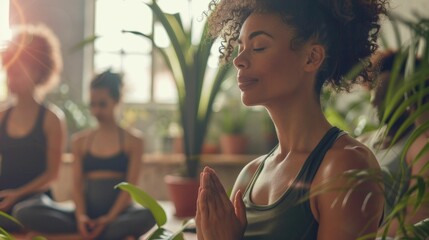 Sticker - A woman in a tank top meditates with her eyes closed surrounded by plants and sunlight streaming through a window.