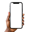 © C.Castilla - Mano que sostiene el teléfono móvil moderno.Teléfono celular con pantalla blanca sobre fondo transparente.