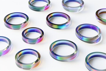 Poster - 3D rendering of a set of iridescent glass rings floating in space on a white background, highlighting their translucent and reflective properties