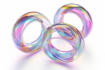 Fototapete - 3D rendering of a set of iridescent glass rings floating in space on a white background, highlighting their translucent and reflective properties