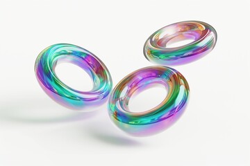 Fototapete - 3D rendering of a set of iridescent glass rings floating in space on a white background, highlighting their translucent and reflective properties