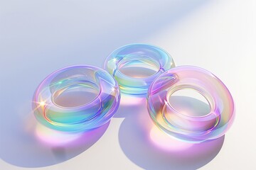 Fototapete - 3D rendering of a set of iridescent glass rings floating in space on a white background, highlighting their translucent and reflective properties