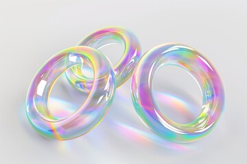 Fototapete - 3D rendering of a set of iridescent glass rings floating in space on a white background, highlighting their translucent and reflective properties