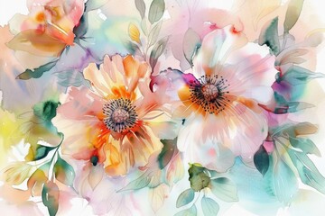 Wall Mural - Watercolor illustration of anemone pink flowers