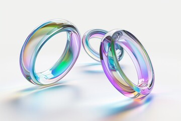 Fototapete - 3D rendering of a set of iridescent glass rings floating in space on a white background, highlighting their translucent and reflective properties