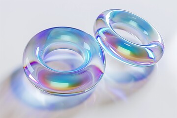 Fototapete - 3D rendering of a set of iridescent glass rings floating in space on a white background, highlighting their translucent and reflective properties