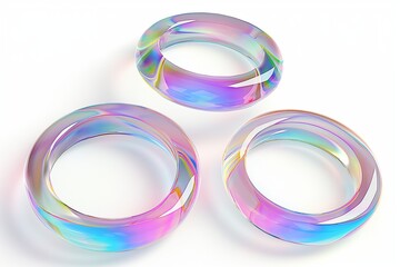 Fototapete - 3D rendering of a set of iridescent glass rings floating in space on a white background, highlighting their translucent and reflective properties