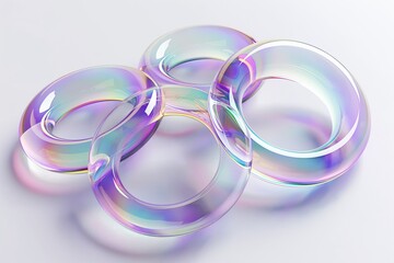 Fototapete - 3D rendering of a set of iridescent glass rings floating in space on a white background, highlighting their translucent and reflective properties
