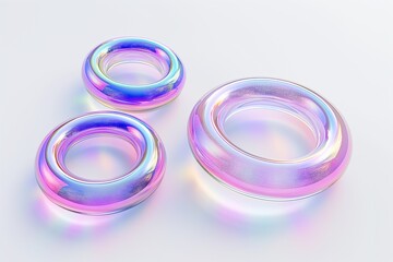 Fototapete - 3D rendering of a set of iridescent glass rings floating in space on a white background, highlighting their translucent and reflective properties