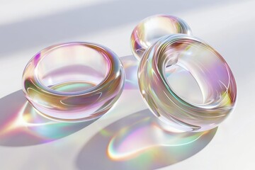 Fototapete - 3D rendering of a set of iridescent glass rings floating in space on a white background, highlighting their translucent and reflective properties