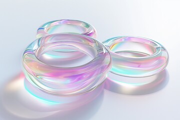 Fototapete - 3D rendering of a set of iridescent glass rings floating in space on a white background, highlighting their translucent and reflective properties