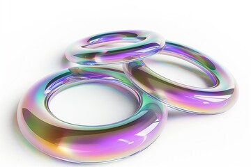 Fototapete - 3D rendering of a set of iridescent glass rings floating in space on a white background, highlighting their translucent and reflective properties
