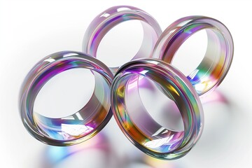 Fototapete - 3D rendering of a set of iridescent glass rings floating in space on a white background, highlighting their translucent and reflective properties