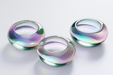 Fototapete - 3D rendering of a set of iridescent glass rings floating in space on a white background, highlighting their translucent and reflective properties