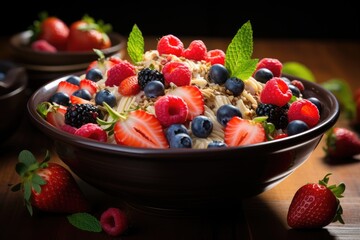 Cereal bowl with fresh and colorful strawberries., generative IA