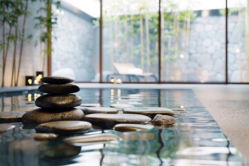 Wall Mural - Serene Japanese-inspired spa setting with natural light,bamboo,rocks,and tranquil water creating a peaceful and relaxing atmosphere. Zen-like ambiance for wellness,meditation,and relaxation.