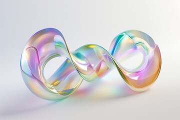 Fototapete - 3D rendering of twisted iridescent glass ribbon floating against white background, showcasing interplay of colors and light reflections.