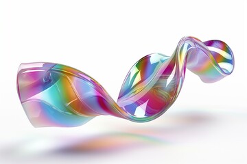 Fototapete - 3D rendering of twisted iridescent glass ribbon floating against white background, showcasing interplay of colors and light reflections.