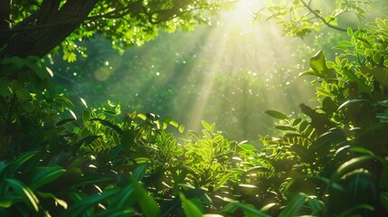 Canvas Print - Sunlight streaming through the lush,verdant foliage of a dense forest,creating a tranquil and vibrant natural scene.