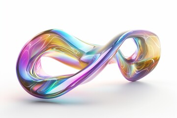 Fototapete - 3D rendering of twisted iridescent glass ribbon floating against white background, showcasing interplay of colors and light reflections.
