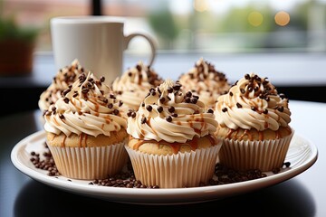 Canvas Print - Coffee and delicately decorated cream cupcakes., generative IA
