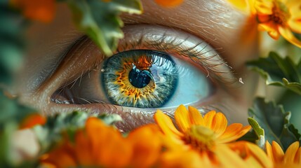 Wall Mural - A woman's eye is surrounded by orange flowers