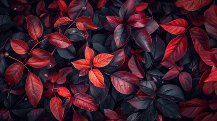 Wall Mural - A close up of a bunch of leaves that are red and black, AI