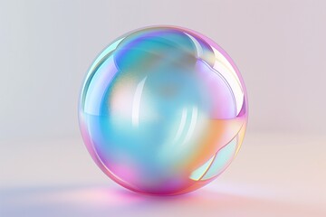 Fototapete - 3D rendering of an iridescent glass sphere floating on a pristine white background, showcasing shimmering colors and reflections