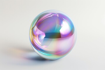 Fototapete - 3D rendering of an iridescent glass sphere floating on a pristine white background, showcasing shimmering colors and reflections