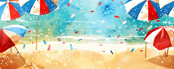 Wall Mural - Bastille Day background with a beach celebration scene, with French flags and festive beach umbrellas.