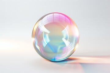 Fototapete - 3D rendering of an iridescent glass sphere floating on a pristine white background, showcasing shimmering colors and reflections