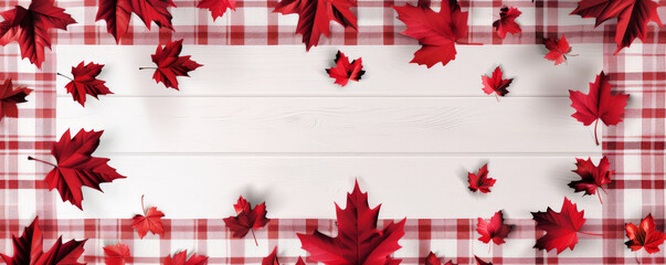 Wall Mural - Canada Day background with a classic red and white plaid pattern and maple leaf accents.