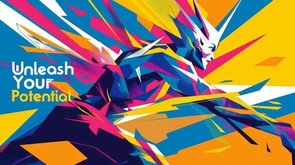 Unleash your potential abstract illustration. Vibrant illustration of abstract figure with text overlay, ideal for concepts of self improvement, motivation, and achieving goals.
