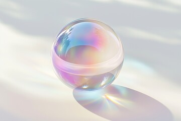 Fototapete - 3D rendering of an iridescent glass sphere floating on a pristine white background, showcasing shimmering colors and reflections