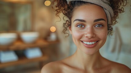 Wall Mural - Closeup Portrait of a Smiling Young Woman with Curly Hair