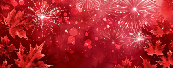 Wall Mural - Canada Day background with a red and white color scheme featuring maple leaves and fireworks.