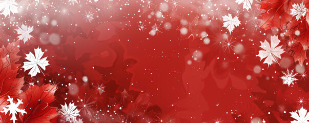 Wall Mural - Canada Day background with a red and white color scheme featuring maple leaves and fireworks.