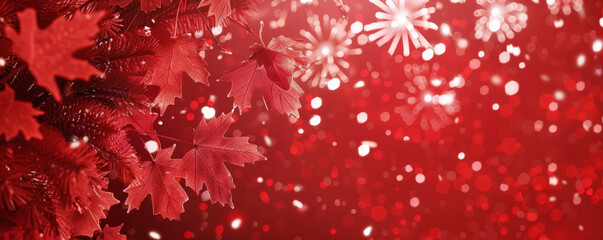 canada day background with a red and white color scheme featuring maple leaves and fireworks.