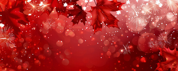Wall Mural - Canada Day background with a red and white color scheme featuring maple leaves and fireworks.