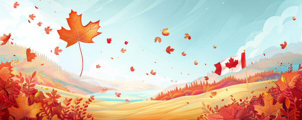 Wall Mural - Canada Day background with a scenic autumn landscape featuring colorful maple leaves and a Canadian flag.