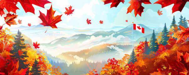 canada day background with a scenic autumn landscape featuring colorful maple leaves and a canadian 