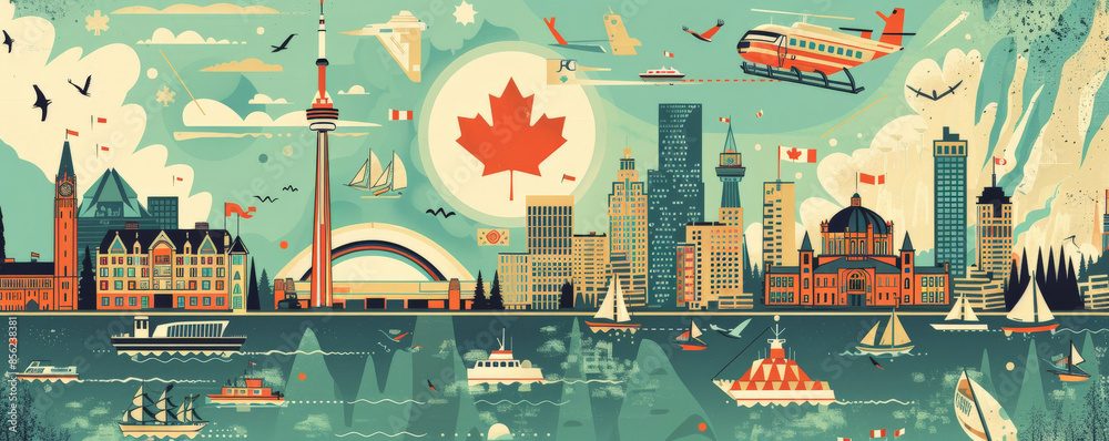 Canada Day background with a vintage travel poster style featuring ...