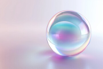 Fototapete - 3D rendering of an iridescent glass sphere floating on a pristine white background, showcasing shimmering colors and reflections