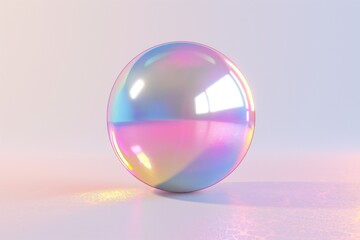 Fototapete - 3D rendering of an iridescent glass sphere floating on a pristine white background, showcasing shimmering colors and reflections