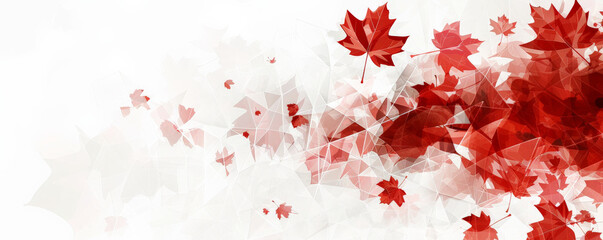 Wall Mural - Canada Day background with an abstract design featuring red and white geometric shapes and maple leaves.
