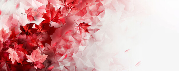 Canada Day background with an abstract design featuring red and white geometric shapes and maple leaves.