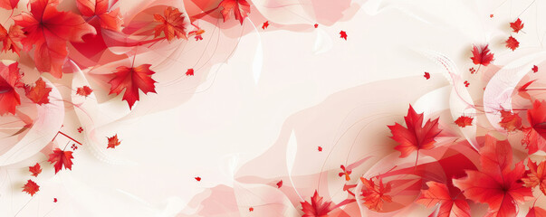 Wall Mural - Canada Day background with an abstract design featuring red and white geometric shapes and maple leaves.