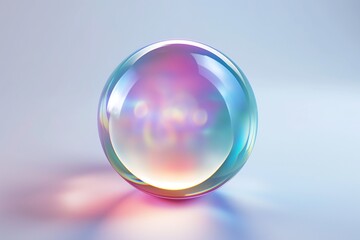 Fototapete - 3D rendering of an iridescent glass sphere floating on a pristine white background, showcasing shimmering colors and reflections