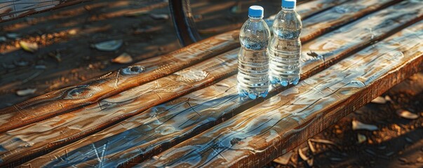 Two bottles of water on a weathered wooden bench under sunlight